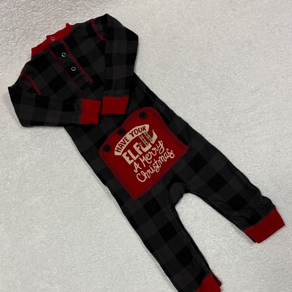 Lazy One Flap Jack Plaid Christmas Onesie pajama 12m